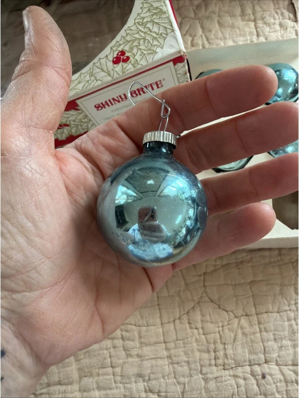 SHINY BRITE Vtg Box With 9 Mini Light Blue Glass Ornaments Made USA MCM Retro
